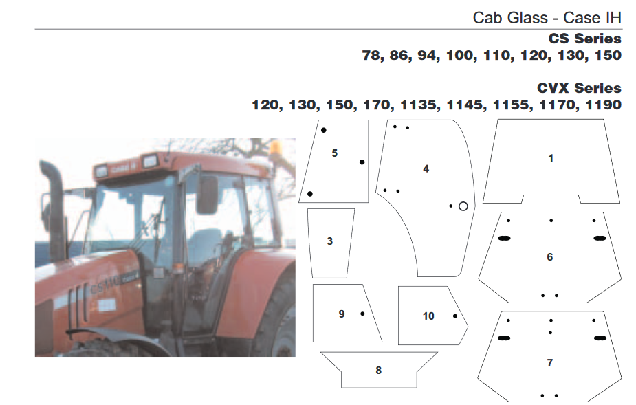Стекло кабины CASE CVX 120, 130-1190 лобовое, дверное, заднее, правое кузовное, дверное верхнее