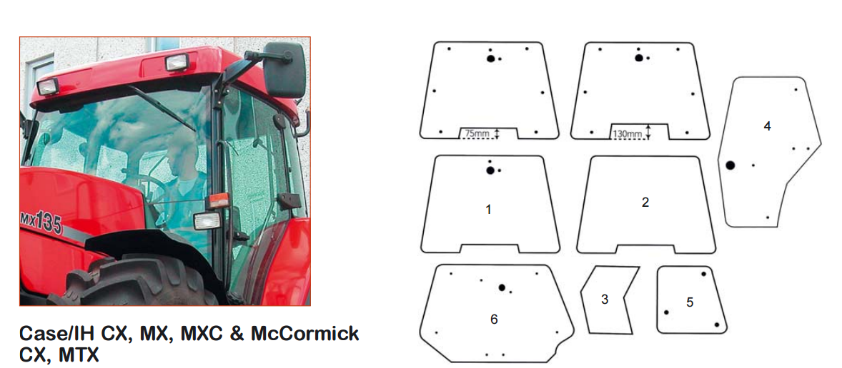Стекло кабины CaseIH CX, MX, MXC & McCormick CX, MTX лобовое, дверное, заднее, правое кузовное, дверное верхнее